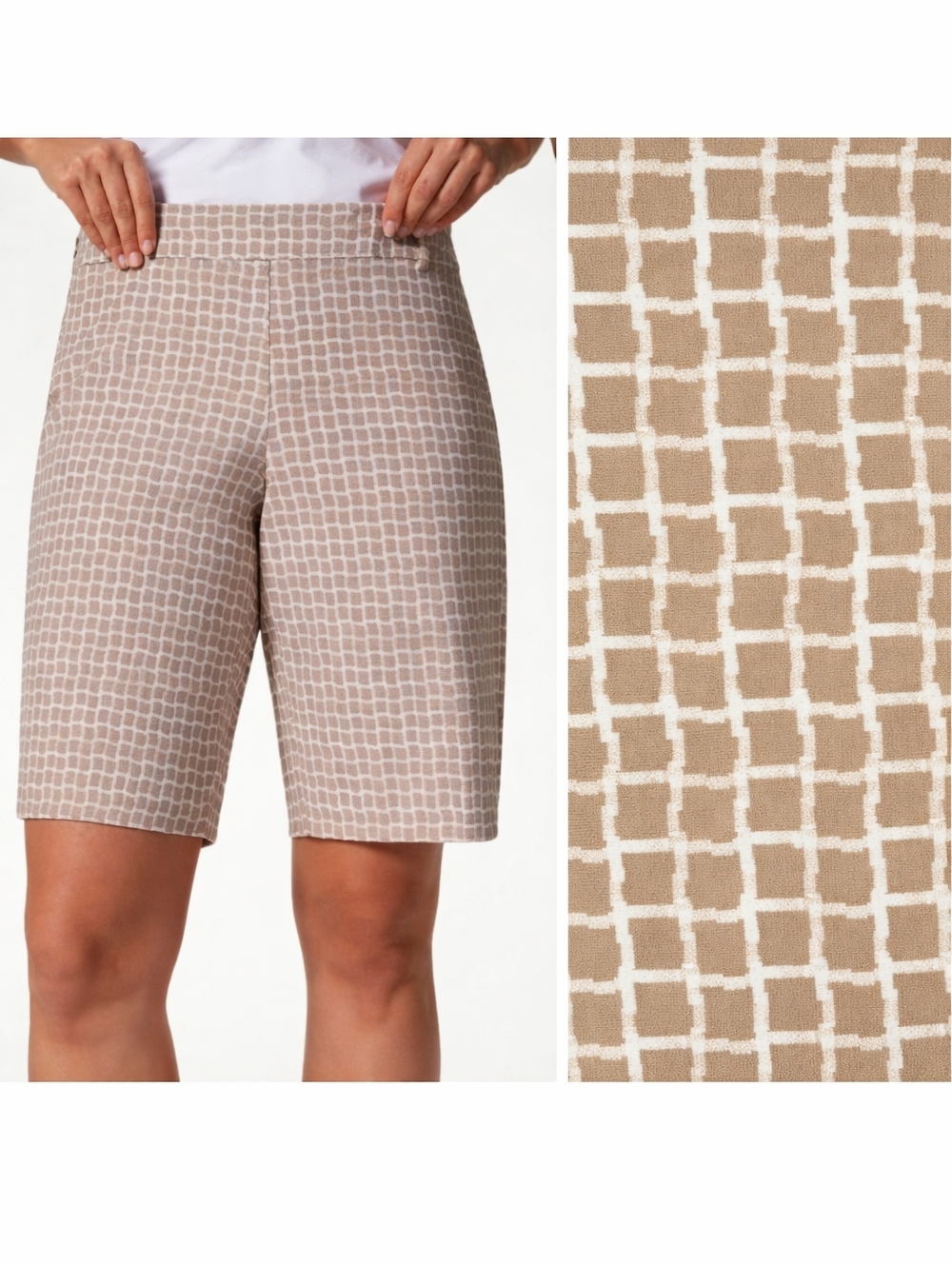 Spanx UPF 50+ Sunshine Bermuda Shorts 10” Fawn White Bespoke Geo Check Medium